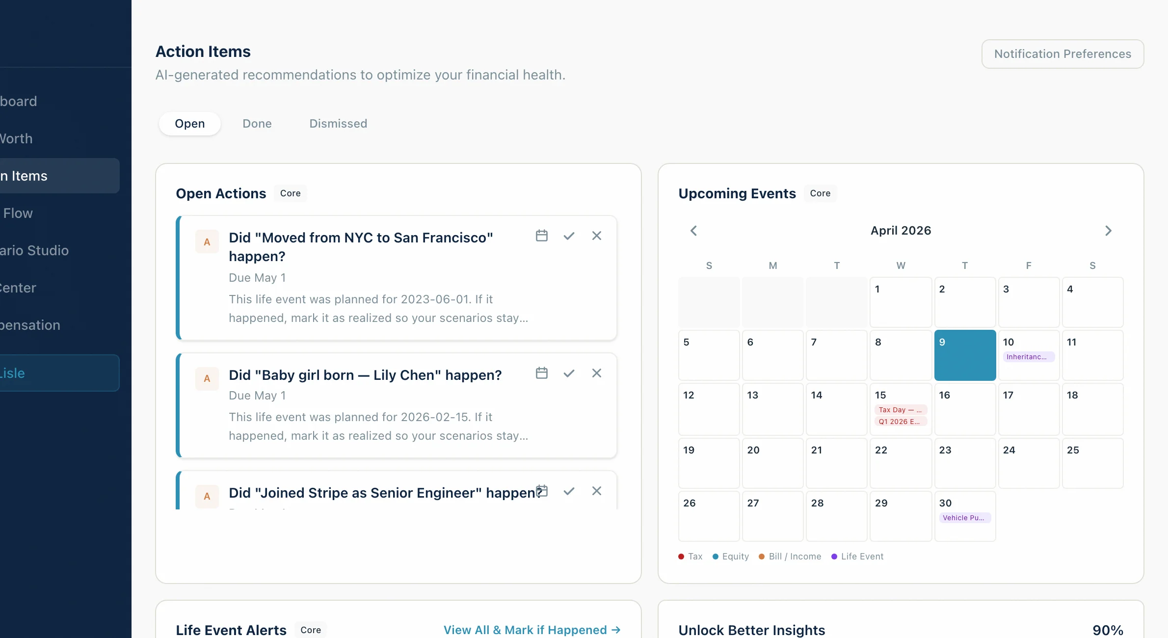 Lisle.ai Morning Briefing on mobile showing daily action items and ESPP deadline alert